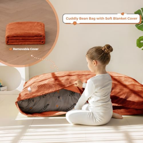 MAXYOYO 3 in 1 Kids Bean Bag Chair, Comfy Floor Sofa with Removed Cover | Convertible Chair Folds from Bean Bag to Lounger, Floor Couch with High-Density Foam Filling, Floor Sofa for Gaming, Orange - Image 6