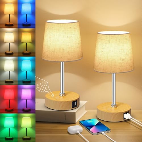 Ascher Small Bedside Table lamp Set of 2, RGB Color Changing Lamps, 3 Color Temperatures, Stepless Dimmable, Nightstand Lamp with USB C+A Ports for Bedroom Living Room, (Flaxen Shade, Wood Grain Base) by Ascher