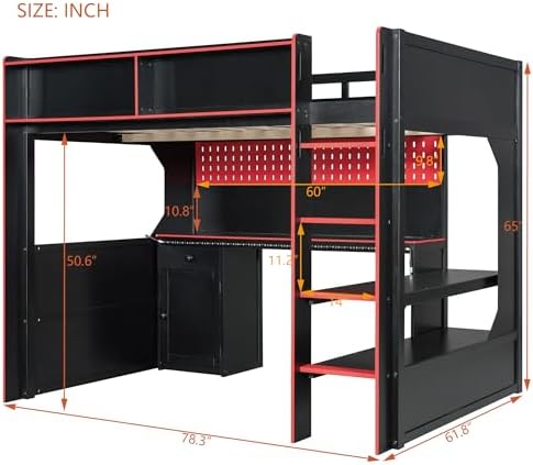 Merax Full Size Gaming Loft Bed with Integrated Desk and Lights, Black+Red - Image 2