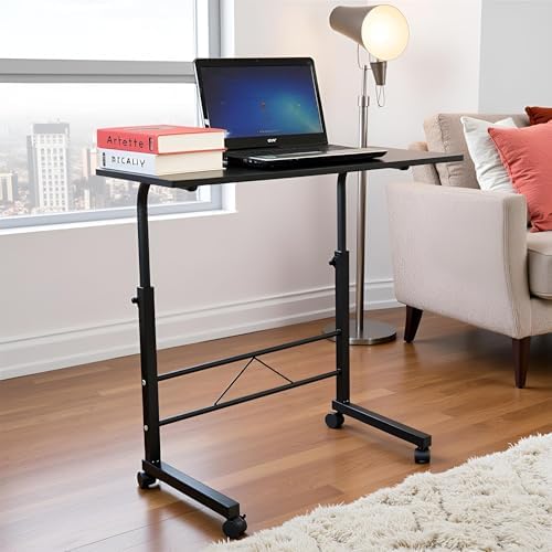 TV Tray Bed Side Table, Portable Rolling Desk Hospital Bed Laptop Table, Small Standing Desk with Wheels Adjustable Height for Sofa, Bedside, Tablet Use, Secure Non Tilt, 31.5" W, Black - Image 5