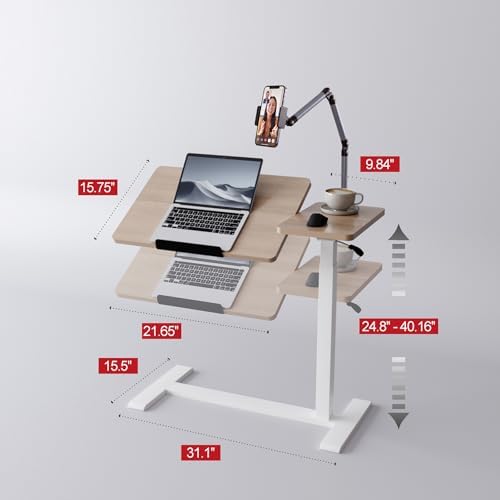 Adjustable Overbed Bedside Table with Wheels Pneumatic Mobile Standing Laptop Desk Rolling Computer Cart Movable Couch Desk Hospital Bed Table, Natural Wood - Image 3