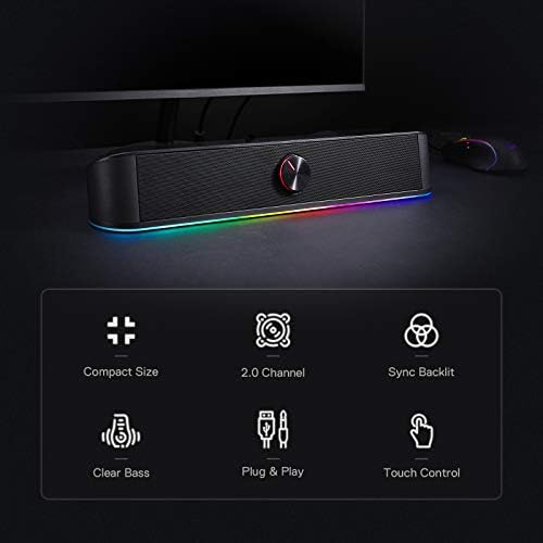 Redragon GS560 RGB Desktop Soundbar, 2.0 Channel Computer Speaker with Dynamic Lighting Bar Audio-Light Sync/Display, Touch-Control Backlit with Volume Knob, USB Powered w/ 3.5mm Cable, Black - Image 3