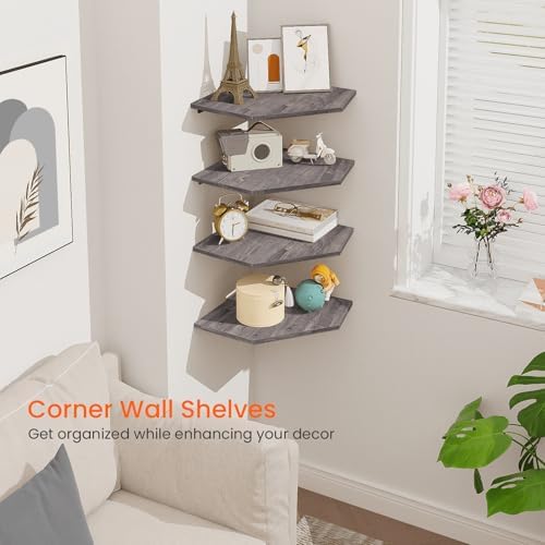Homode Corner Shelf Wall Mount, Set of 4 Corner Floating Shelves with Cord Hole, Wall Shelf Organizer, Wood Hanging Storage Shelving for Bathroom Bedroom Kitchen, Rustic Grey - Image 4