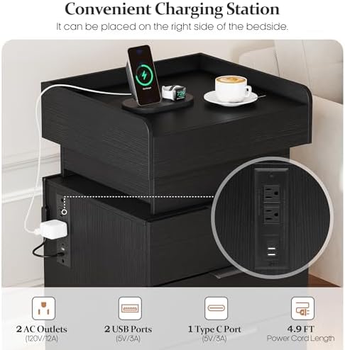 Turosur Night Stand Set 2 with Gun Drawer, LED Nightstand with Charging Station, Wood Bedside Table with 3 Drawers and Hidden Storage for Bedroom, Black - Image 4