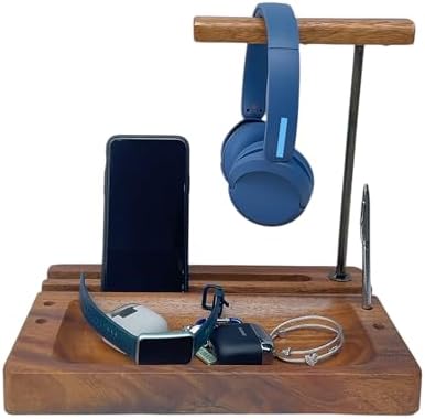 Multi-Device Headphone Stand, Acacia Wood Tech Organizer with Storage Tray by Wrightmart