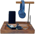 Multi-Device Headphone Stand, Acacia Wood Tech Organizer with Storage Tray by Wrightmart