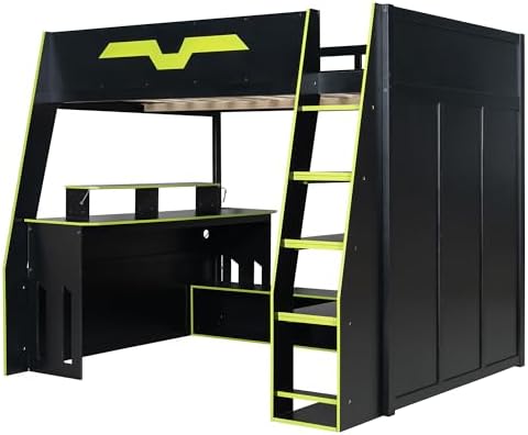 Merax Full Size Gaming Loft Bed with Desk and Multi-Storage Shelves, Space-Saving Wood Loft Bed Frame with Full-Length Guardrail for Teens Bedroom, Built-in Light Strip & Charging Station, Green - Image 6