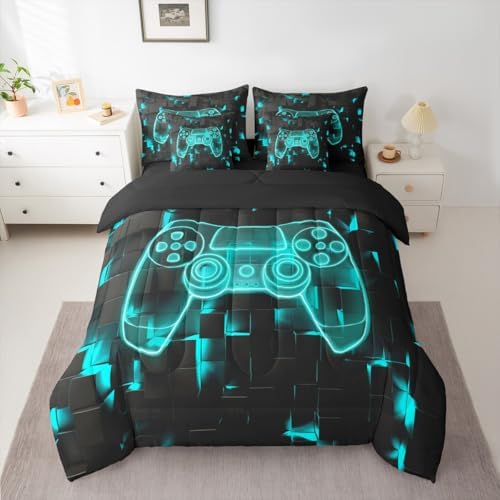 Erosebridal Video Games Bedding Set Queen 7 Piece,Modern Gamer Comforter Set with Sheets | Gamepad Bed in A Bag for Kids Boys Teens Bedroom, Player Gaming Console Bed Sets, Teal Black - Image 2