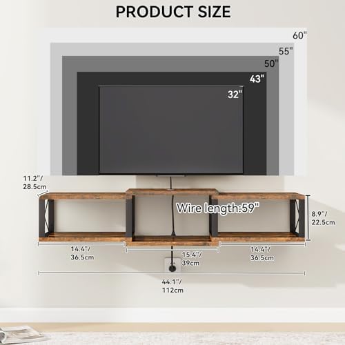 IBUYKE Floating TV Stand with Power Outlet,Wall-Mounted Floating Stand for TVs up to 55",Metal Entertainment Center,Wall Mounted TV Shelf with Storage for Living Room Bedroom,Rustic Brown UWST011H - Image 4