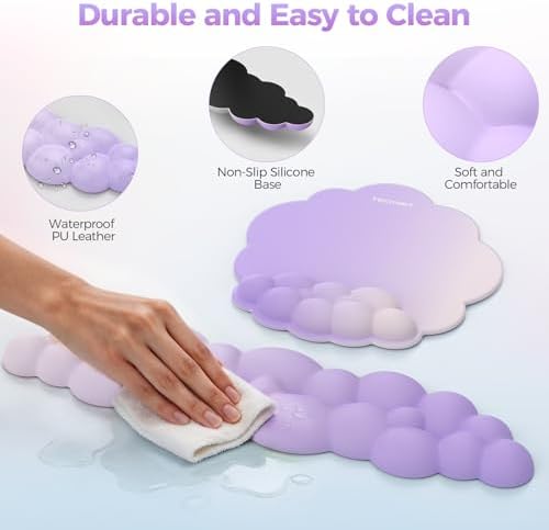 TECKNET Cloud Wrist Rest & Ergonomic Mouse Pad, Cloud Keyboard Wrist Rest with Non-Slip Base, PU Leather Memory Foam Wrist Pad for Keyboard and Mouse, Pain Relief for Typing, Gaming, Purple - Image 6