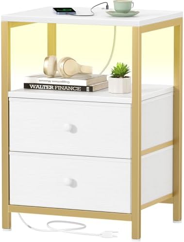 BOLUO Nightstand with Charging Station, LED Night Stand with 2 Fabric Drawers, Bedside Table with USB Ports and Outlets, Nightstand for Bedroom Modern by BOLUO