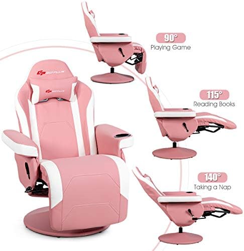Goplus Pink Massage Gaming Chair, Racing Style Gaming Recliner w/Adjustable Backrest and Footrest, Ergonomic High Back PU Leather Computer Office Chair Swivel Game Chair w/Cup Holder and Side Pouch - Image 4