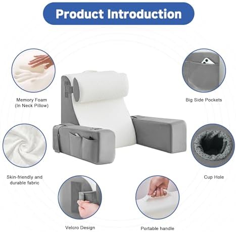 Reading Pillow for Bed, Back Pillow for Bed Sitting Up, Bed Pillows for Sitting Up with Adjustable Armrests, Cup Holder & Large Pocket, Backrest Cushion for Reading, Watching TV (WhiteGray, 4PCS) - Image 3
