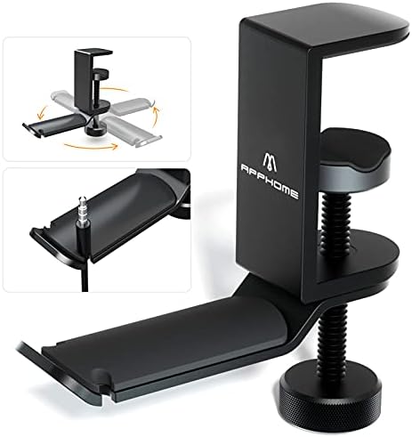 Under Desk Headphone Stand - 360 Degree Rotating Aluminum PC Gaming Headset Holder with Cable Organizer, Adjustable Screw Clamp Hanger for Heavy Headphones, VR Glasses & Bags, Universal Fit by APPHOME