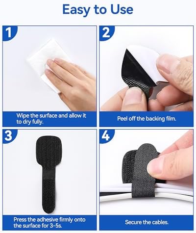 AGPTEK 80Pcs Self-Adhesive Cable Ties, Hook and Loop Cable Straps, Black - Image 6