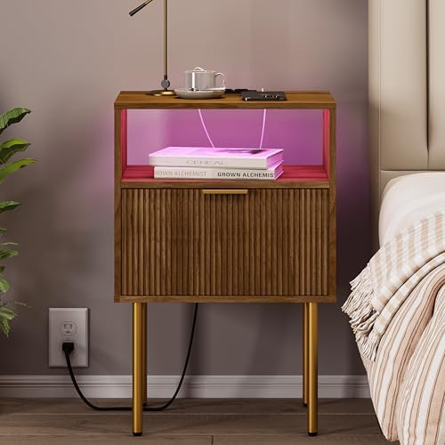 JOONEE Nightstand with Outlet and Led Light, Bedside Table with Storage Drawer, Fluted Side Table for Living Room, Bedroom by JOONEE