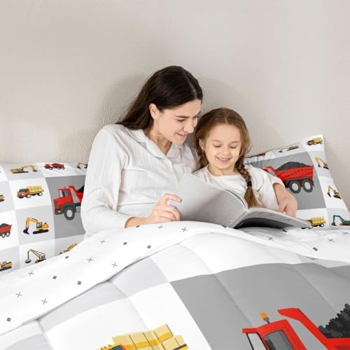 Boys Red Construction Bedding Set Cartoon Excavator Comforter Set for Kids Boys Tractor Truck Car Duvet Set Vehicles Comforter 1 Comforter Set with 2 Pillowcases Full Size Boys - Image 6