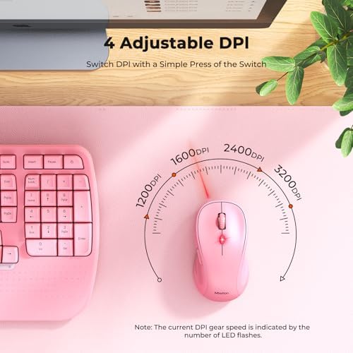 MEETION Ergonomic Wireless Keyboard and Mouse Combo with Wave Keys, Pink - Image 6