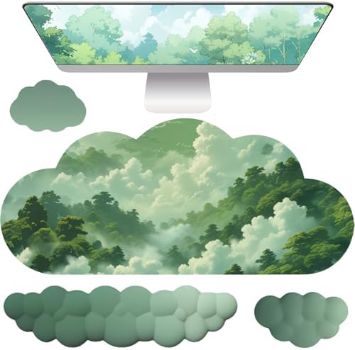 Cloud Mouse Pad Keyboard Wrist Rest for Mouse 4PCS Extended Large Desk Mat Pad Set Memory Foam Non-Slip Cute Ergonomic Gaming Mouse Wrist Support for Computer Home Office Mountain Forest Green by Unknown