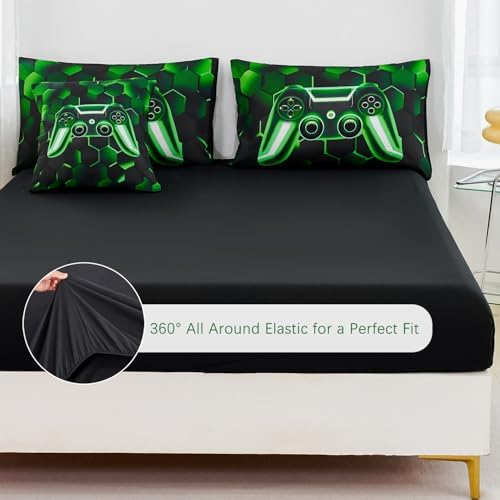 URBONUR Black Green Gaming Full Comforter Set for Boys 6Pcs Bed in A Bag - Image 4