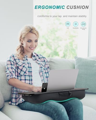 Lap Desk, Portable Laptop Desk with Cushion and Lights, Extra Wide Surface Fits 17” Laptop, Tray for Bed, Sofa, Travel or Car – ISTUDYNITURE (Black, 3-Color Mode) - Image 2