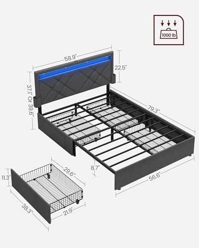VASAGLE Full Bed Frame, 4 Storage Drawers on Wheels, Charging Station - Image 2