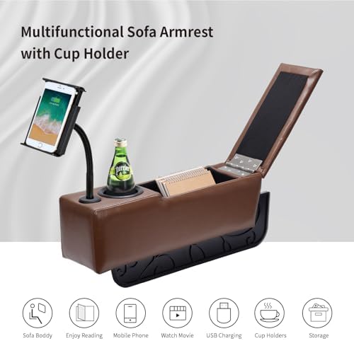Sofa Armrest with Cup Holder, PU Leather Multifunctional Couch Arm Rest Insert, Removable Couch Caddy with Storage, Equipped with LED Reading Light & Wireless Charge Stand - Image 5