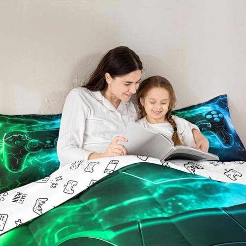 Feelyou Kids Boys Green Gamer Bedding Set King Size, Honeycomb Gaming Comforter Set Lightning Gamepad Comforter Game Room Decor Duvet Set with 2 Pillow Case Room Quilt Set Bedding Collection - Image 6