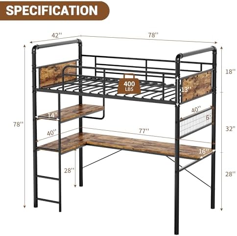 GarveeHome Loft Bunk Bed with L-Shaped Desk, Industrial Twin Loft Bed,Brown - Image 2