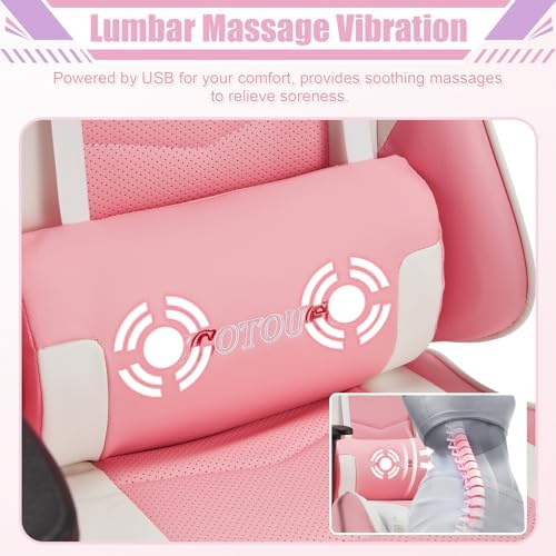ECOTOUGE Pink-White Ergonomic PC Massage Gaming Chair | Reclining Racing PU Leather, Swivel Rocker, Headrest, Lumbar Pillow, Office Desk Chair, Adjustable Height, Sturdy Base - Image 5