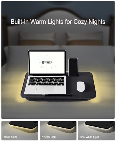 Lap Desk, Portable Laptop Desk with Cushion and Lights, Extra Wide Surface Fits 17” Laptop, Tray for Bed, Sofa, Travel or Car – ISTUDYNITURE (Black, 3-Color Mode) - Image 3