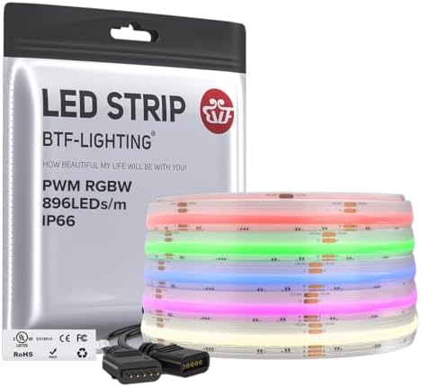 BTF-LIGHTING FCOB COB LED Strip Light IP66,UL Listed RGBW 4000K 896LED/m High Density LED Strip,16.4FT DC24V 12mm Width Color Changing Light for Bedroom Home Indoor DIY Decor(No Adapter or Controller) by BTF-LIGHTING