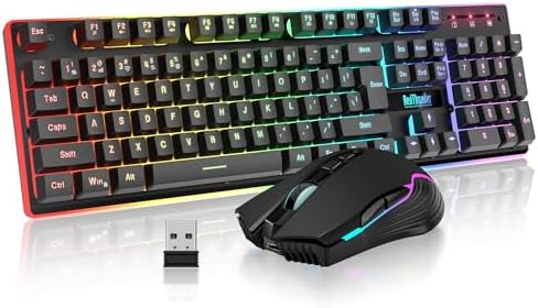 RedThunder K10 Wireless Gaming Keyboard and Mouse Combo, RGB Backlight Rechargeable 3800mAh Battery, 26-Key Anti-ghosting Keyboard + 7D 3200DPI Mice for PC Gamer by RedThunder