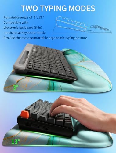 Ergonomic Wave Wrist Rest with Keyboard Stand, Cushioned Palm Rest, Comfortable Integrated Memory Foam for Natural Typing and Relieve Wrist Pain, Green Gold Marble - Image 2