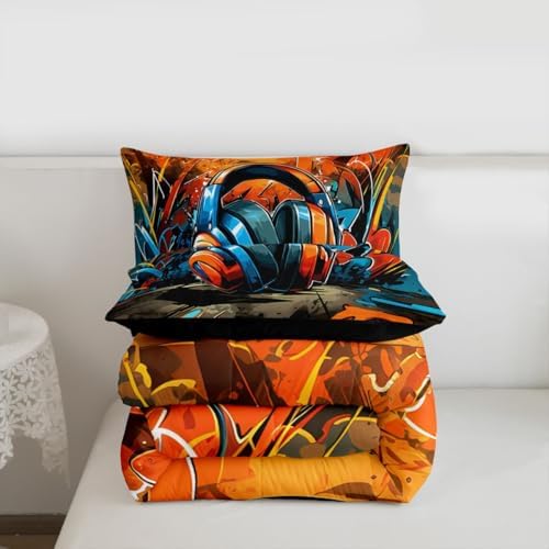 Erosebridal Gaming Headset Comforter Set Graffiti Gamer Girl Toddler Bedding Set for Tween Boys Girls Doodle Style Comforter Gaming Headphones Quilt - Image 7