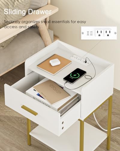 Masupu Nightstand with Charging Station,3-Tier Modern Bedside Night Stand with Storage Drawer and Shelf,Small End Side Table for Bedroom,Living Room,White - Image 3
