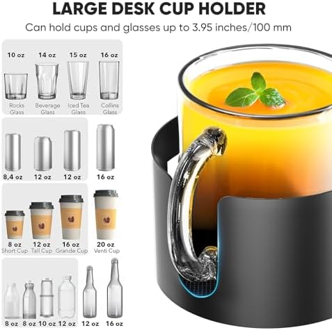 Upgraded Large Desk Cup Holder Clamp, OOKUU Anti-Spill Table Cup Holder, Metal Office & PC Gaming Desk Accessories, Compatible with Universal Cup, Bottles, Pencil Holder (Black) - Image 3