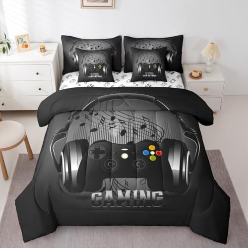 Feelyou Gaming Comforter Set with Sheets Headphones Game Controller 7 Piece Bedding Set Twin Size Black Grey Video Game Decor Music Melody Bed Set Gamer Bed in a Bag for Boys Teens Soft - Image 3
