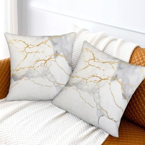 Pillowcase Set of 2 White and Gold Marble Print Throw Pillow Covers Shells for Couch Office Bedroom Home Decoration, 22"X22" - Image 6