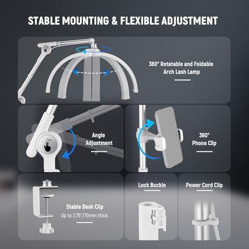 NEEWER Basics 22" Half Moon Lash Light with Articulating Desk Clamp Mount Stand/Phone Holder, 32W Foldable LED Nail Tech Table Arc Lamp for Makeup Beauty Tattoo Overhead Video Recording, HM03-D - Image 6