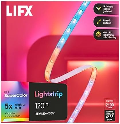 LIFX Supercolor Smart LED Strip Lights 10ft (120" Kit), Color Changing Multizone RGB + Tunable White, 24 Color Zones, 2.4GHz, No Hub, Apple HomeKit, Alexa & Google Home, Music Sync, Dimmable by LIFX