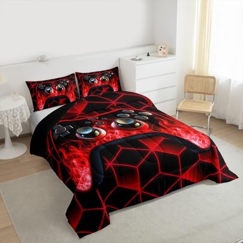Red Neon Geometric 3D Geometric Comforter Set - Flame Gaming Console Gamer Decor for Boys Bedroom - Image 6