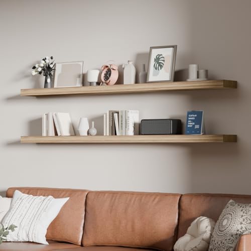 60 inch Long Floating Shelves for Wall,Solid Wood Long Shelves Set of 2,Brown Rustic Mounted Shelves for Bathroom Bedroom Home Office (Brown, 60 Inch) by ONOTETUT