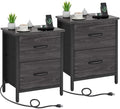 Vagusicc Nightstand Set of 2 with Charging Station, End Table Bedside Table with Power Outlet & USB Ports, Side Table with 2 Fabric Drawers for Bedroom, Living Room, Gray Walnut by Vagusicc