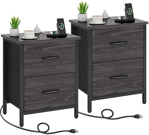Vagusicc Nightstand Set of 2 with Charging Station, End Table Bedside Table with Power Outlet & USB Ports, Side Table with 2 Fabric Drawers for Bedroom, Living Room, Gray Walnut by Vagusicc