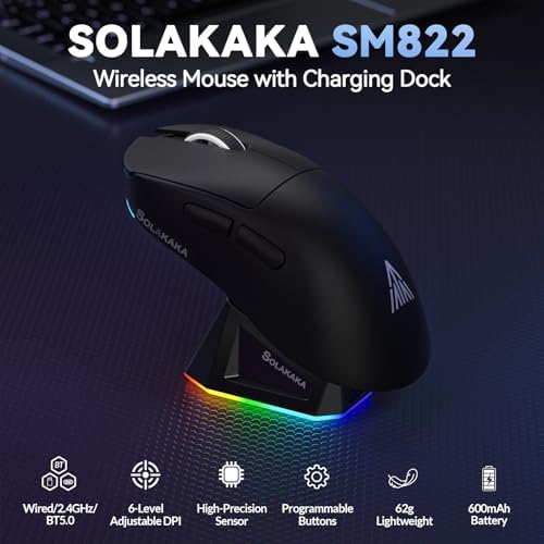 SOLAKAKA SM822 Wireless Gaming Mouse with Charging Dock, Tri-Mode Wireless Mouse, PAW3311 Optical Sensor, Up to 24,000DPI, 62g Lightweight Mouse with 5 programmable Buttons, for PC, Laptop (Black) - Image 2