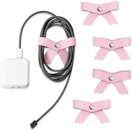 SenseAGE 5 Pack Cord Organizer, Bow Cord Keeper, Cable Organizer USB Holder, Leather Cable Management, Cable Straps, Earphone Winder, Storage Straps for Electronics, Earbuds, Big, Pink by SenseAGE