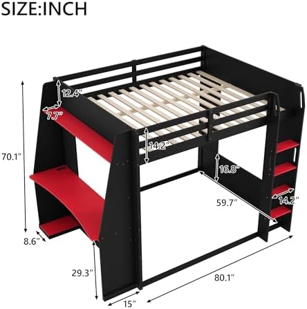 Merax Queen Over Queen Wooden Gaming Bunk Bed with Built-in Desk, LED Lights, USB Port, and 2 Storage Shelves, Solid Wood Gaming Loft Bed for for Bedroom, Black+Red - Image 2
