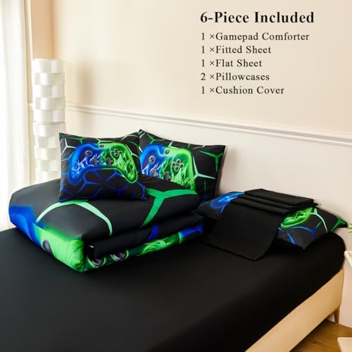 Full Gamer Comforter Set for Kids Blue Green 3D Gaming Bedding Set Teens Boys Gamepad Bed in A Bag Soft Microfiber 6 Pieces Video Game Console Bed Sets with Sheets(Blue Green, Full) - Image 4