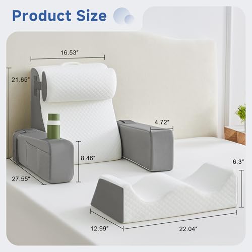 Reading Pillow for Bed, Back Pillow for Bed Sitting Up, Bed Pillows for Sitting Up with Adjustable Armrests, Cup Holder & Large Pocket, Backrest Cushion for Reading, Watching TV (WhiteGrey, 5PCS) - Image 2